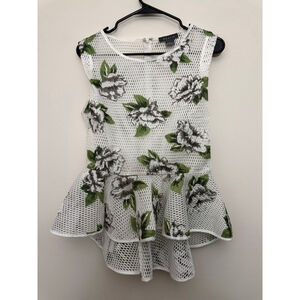 Women's Gracia White & Green Floral Mesh bottom structured Peplum Top Size L